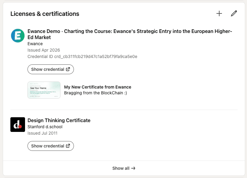 LinkedIn profile showing the Ewance credential added to Licenses and certifications
