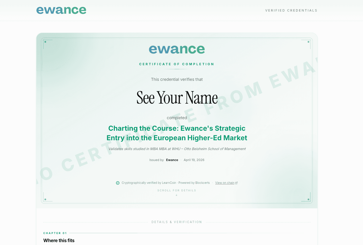 The Ewance public verifier page showing a certificate of completion, the issuer, the issuance date, and a 'Cryptographically verified by LearnCoin' badge