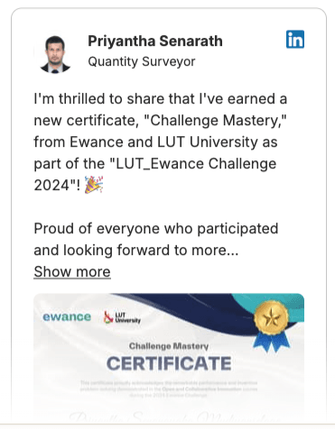 Una publicación o reseña de LinkedIn de un estudiante describiendo su experiencia con un reto de Ewance