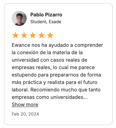 Una publicación o reseña de LinkedIn de un estudiante describiendo su experiencia con un reto de Ewance