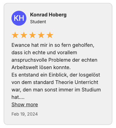 Una publicación o reseña de LinkedIn de un estudiante describiendo su experiencia con un reto de Ewance