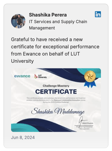 Una publicación o reseña de LinkedIn de un estudiante describiendo su experiencia con un reto de Ewance