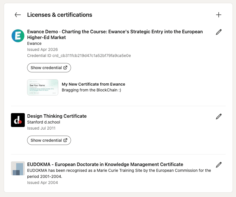 An Ewance verifiable credential added to a LinkedIn profile's Licenses & certifications section