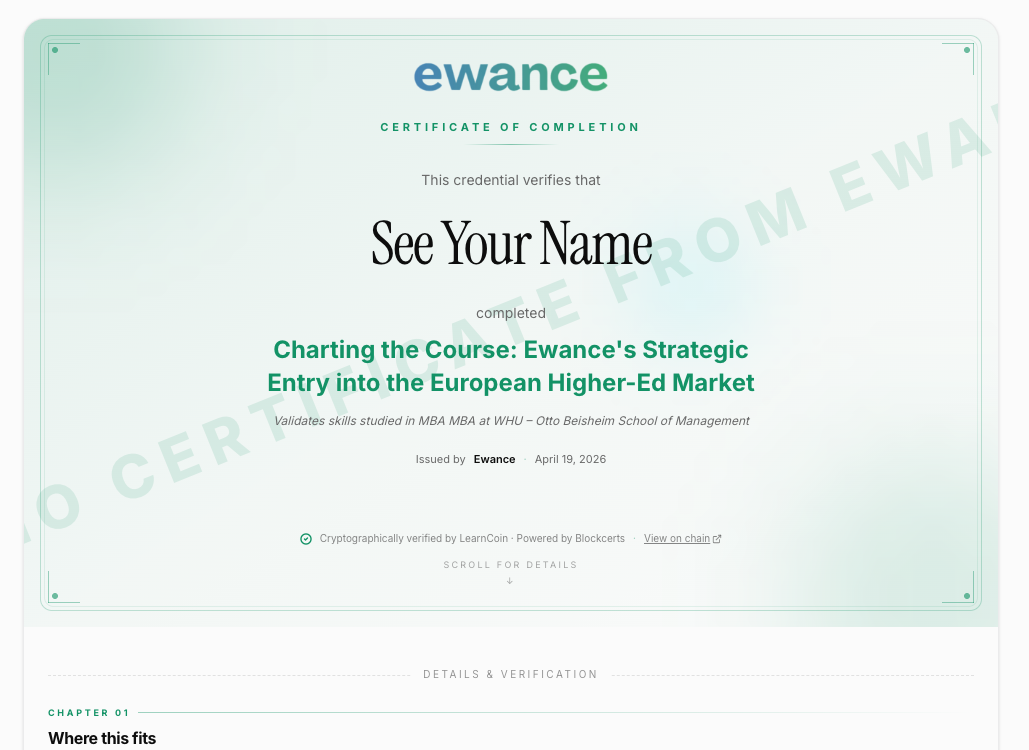 An Ewance certificate of completion showing the recipient name, the challenge title, the issuance date, and a 'Cryptographically verified by LearnCoin' badge