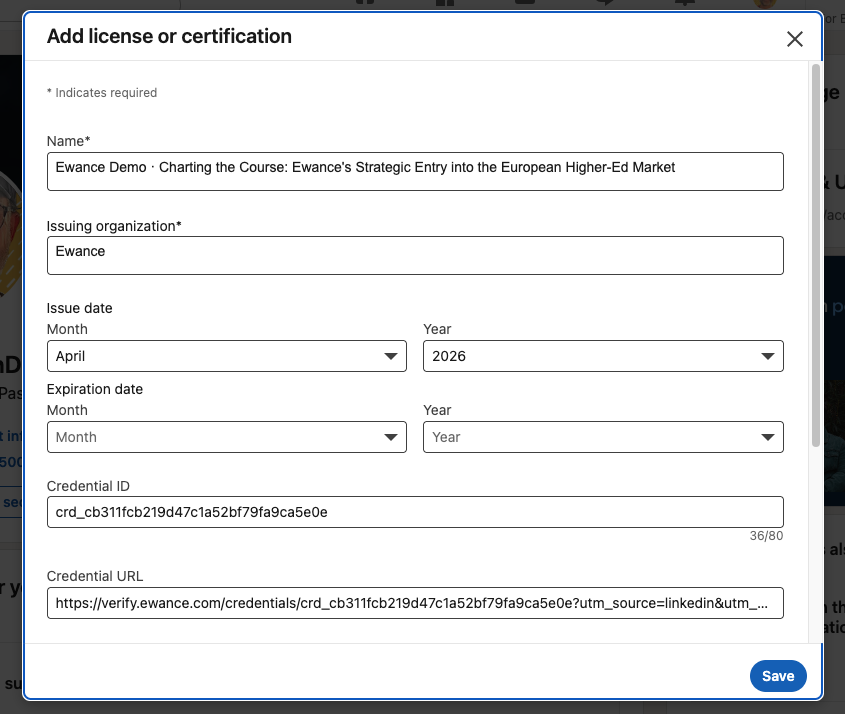 The LinkedIn 'Add license or certification' form with Name, Issuing organization, Issue date, Credential ID, and Credential URL fields all pre-filled