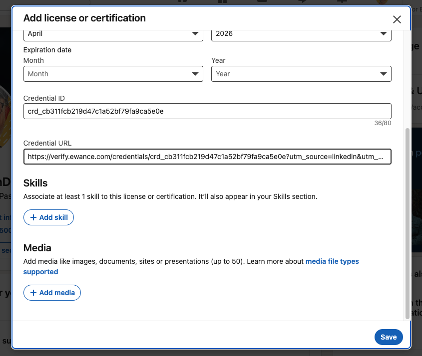 The LinkedIn form scrolled down to show the Skills and Media sections, both still empty