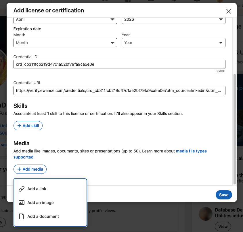 The 'Add media' dropdown showing three options: Add a link, Add an image, Add a document