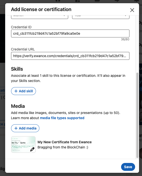 The LinkedIn certification form with the cert image preview now attached under the Media section, ready to save
