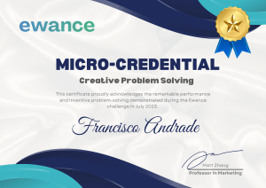 Image of an Ewance Certificate in Creative Problem Solving. The certificate features the Ewance logo at the top, followed by the title 'Micro-Credential in Creative Problem Solving'. Below the title, there is a recipient's name and the date of issuance. The certificate includes a unique identification number and a brief description of the skills and competencies achieved. The background is clean and professional, with subtle design elements that highlight the importance of the credential.